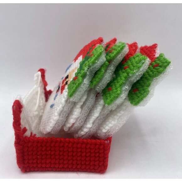 Christmas Plastic Canvas Coasters Set of 4 with Holder Mug Cup Kitsch Retro - Picture 2 of 14